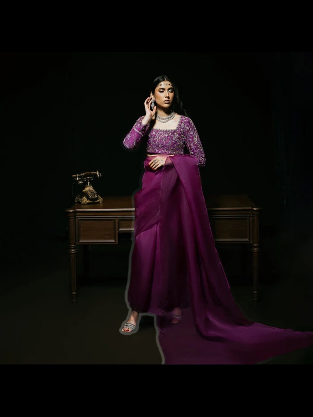 Hand-Embellished Purple Maxi Skirt with Matching sari